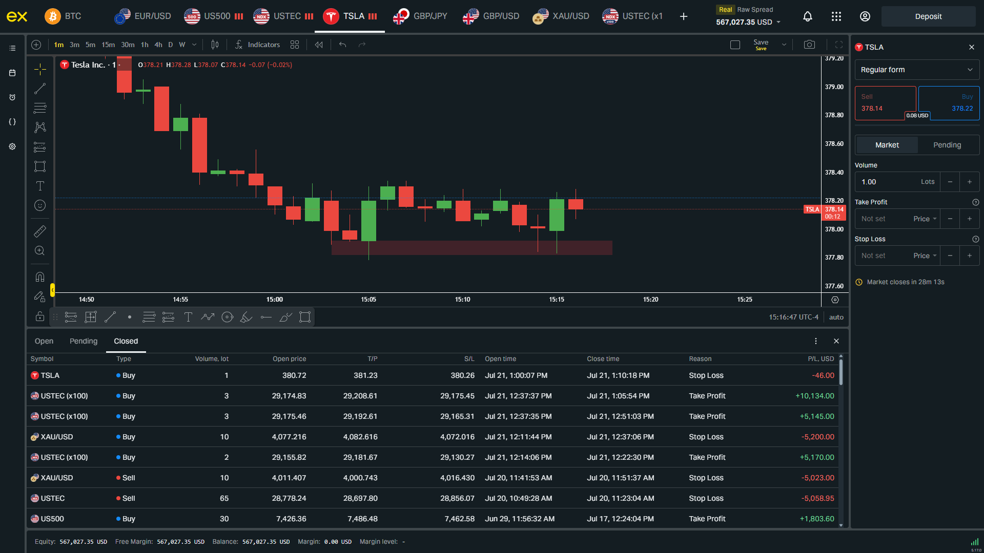 Live trading account showing closed trades and balance